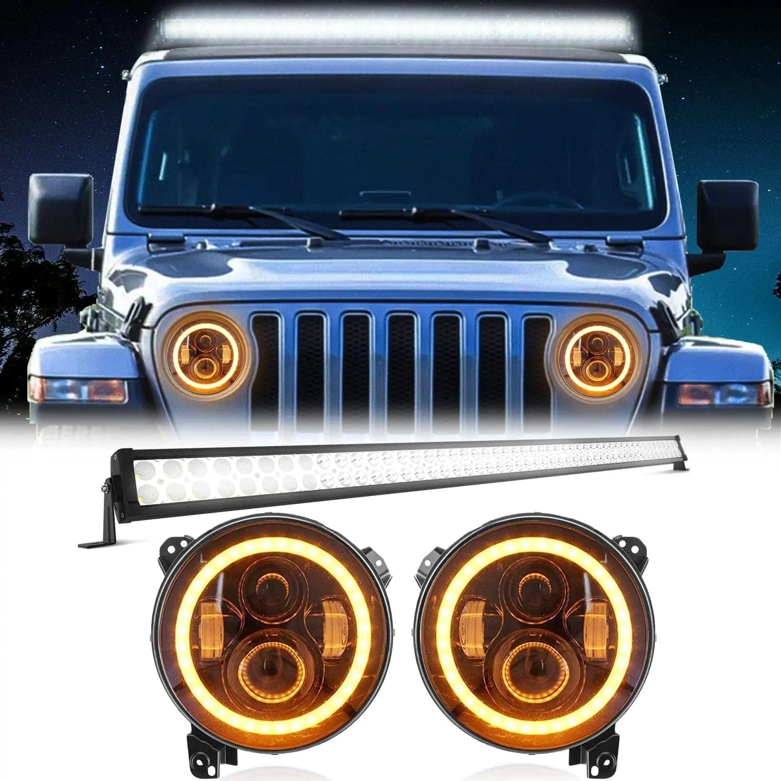 Suparee 9" LED RGBW Jeep Headlights & 52" Light Bar for Wrangler JL Gladiator JT SUPAREE.COM