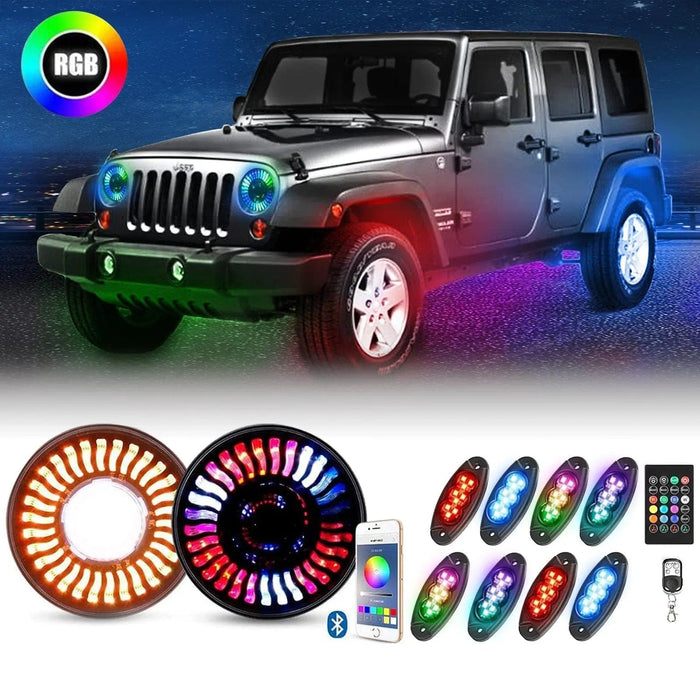 Suparee Jeep 7'' LED Headlights With Turn Signals And 8 Pods RGB Rock Lights SUPAREE.COM