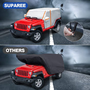 The SUPAREE Jeep cover features 7 reflective strips and 6 hooks for easy nighttime visibility and improved safety during roadside parking.